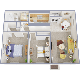 A top-down view of a house interior with a living room, dining area, kitchen, and bedrooms.