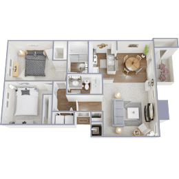 A detailed 3D floor plan of a two-bedroom apartment.