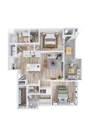 A top-down view of a small apartment with a kitchen, living room, and bedroom.
