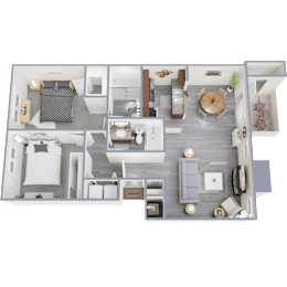 A 3D floor plan of a house showing a living room, kitchen, and two bedrooms.