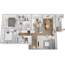 A detailed 3D floor plan of a modern apartment layout.