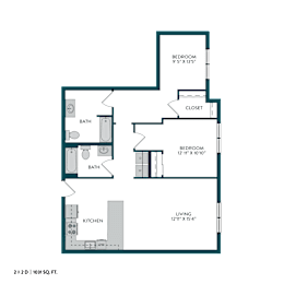 A floor plan of a 1031 square feet home with two bathrooms, a kitchen, a living room, and two bedrooms.