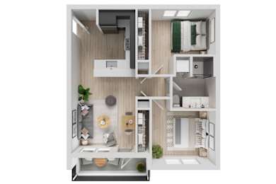 A 3D floor plan of a small apartment with a kitchen, living room, and bathroom.