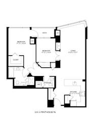 A black and white floor plan of a 2x1.5 penthouse.