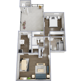A top-down view of a two-bedroom apartment with a living room, kitchen, and bathroom.
