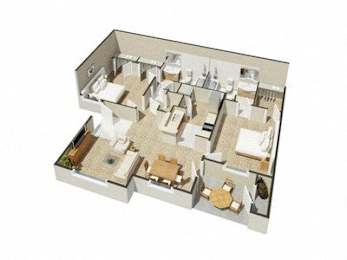 A 3D floor plan of a multi-level residential building.