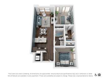 A floor plan of an apartment with a living room, kitchen, dining area, and bedrooms.