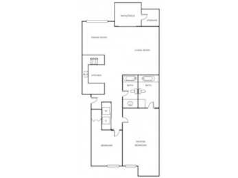 A floor plan of a house with a living room, dining room, kitchen, and two bedrooms.