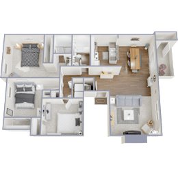 A detailed 3D floor plan of a two-bedroom apartment.