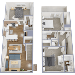 A floor plan of a three-bedroom apartment with a living room, kitchen, and bathroom.