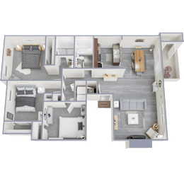 A 3D floor plan of a house showing the layout of the rooms.