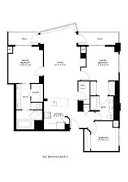 A black and white floor plan of a 3x2 penthouse.