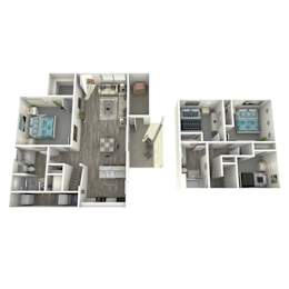 A 3D floor plan of a small apartment with a bedroom, living room, kitchen, and bathroom.