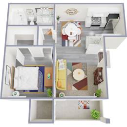 A top-down view of a modern apartment layout with a living room, kitchen, and bedroom.