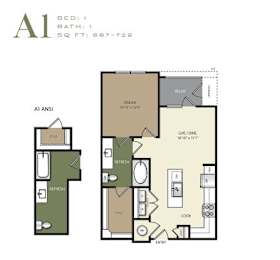 A floor plan of a one bedroom apartment with a bathroom and a living area.