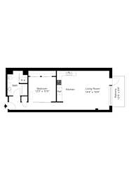 A floor plan of a house with a bath, bedroom, kitchen, living room and a balcony.