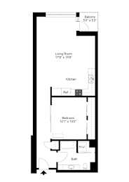 A black and white image of a floor plan for a small apartment.