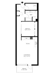 A floor plan of a house with a living room, kitchen, bathroom and balcony.