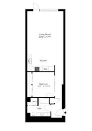 A floor plan of a small apartment with a living room, kitchen, bathroom and bedroom.