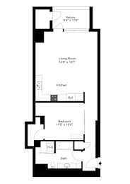 A floor plan of a home with a living room, kitchen, bathroom and bedroom.
