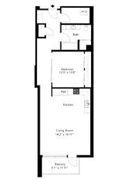 A floor plan of an apartment with a living room, kitchen, bathroom and bedroom.
