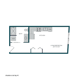 A floor plan of a studio apartment with a kitchen, bathroom, and living/bedroom area.