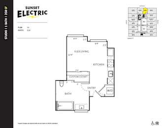 A Sunset Electric floor plan for a studio apartment with dimensions and a smaller inset showing the apartment's location within a building.