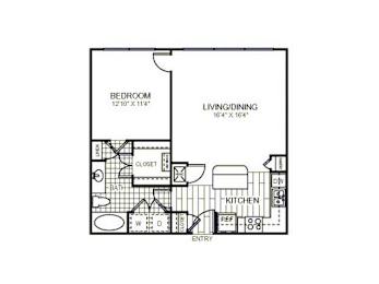 A black and white image of a floor plan for a bedroom, living/dining area, kitchen, and bathroom.