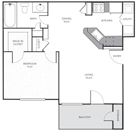 A floor plan of a small apartment with a bedroom, living room, kitchen, and bathroom.