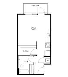 A black and white drawing of a living room, bathroom, and balcony layout.