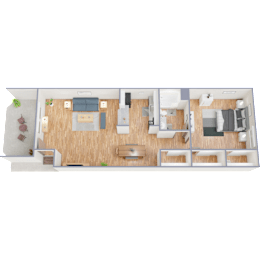 A 3D floor plan of a house with a living room, kitchen, dining area, and bedrooms.