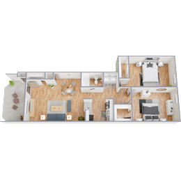 A 3D rendered image of a modern house layout.