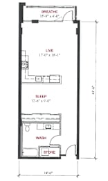 A floor plan of a small apartment with a sleeping area, a living area, and a washroom.
