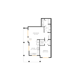 A floor plan of a house with a living room, kitchen, bedroom and bathroom.
