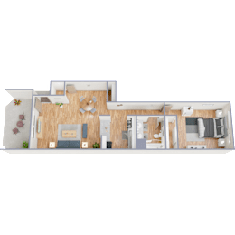 A 3D floor plan of a house with a living room, kitchen, dining area, and two bedrooms.