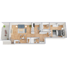 A 3D rendered image of a modern apartment layout.