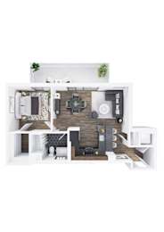 A top-down view of a small apartment with a kitchen, living room, and bathroom.