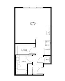 A black and white drawing of a living room, bathroom, and closet.