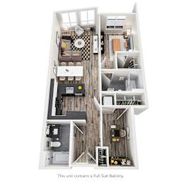 A floor plan of a unit with a full-size balcony.