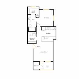 A floor plan of an apartment with a large closet, laundry/pantry, and a deck.