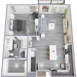 A top-down view of a modern apartment layout with a living room, kitchen, and bathroom.