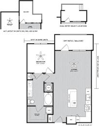 A floor plan of a house with a balcony, bedroom, living room, and optional patio.