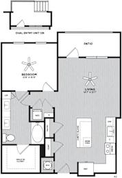 A floor plan of a house with a bedroom, living room, and patio.