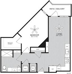 A floor plan of a home with a living room, bedroom, and bathroom.