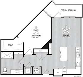 A black and white drawing of a house layout with a living room, bedroom, and bathroom.