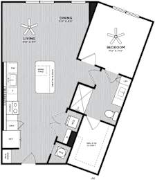 A floor plan of a house with a living room, dining room, bedroom, and kitchen.