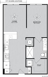 A floor plan of a small apartment with a living room, bedroom, and a walk-in closet.