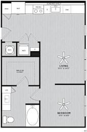 A floor plan of a living space with a bedroom, walk-in closet, and bathroom.