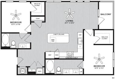 A black and white image of a floor plan for an apartment home with 2 bedrooms, 2 bathrooms, living room, kitchen, and balcony