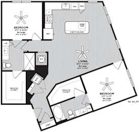 A black and white image of a floor plan for an apartment home with 2 bedrooms, 2 bathrooms, living room, and kitchen